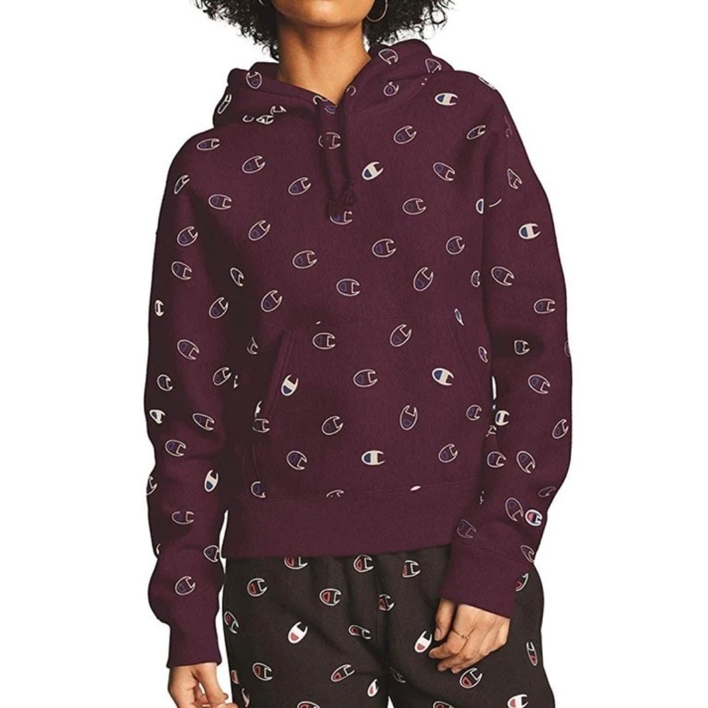 Champion Size M Reverse Weave All Over Logo Print Hoodie